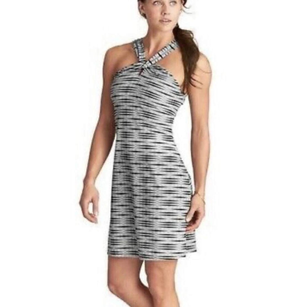 Athleta Halter Twist-Front Keyhole Dress Women's Large Black Gray Ruched Stretch